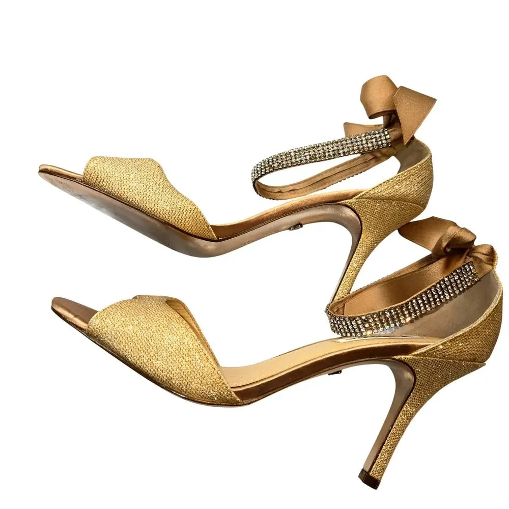 Nina 8  Gold Ribbon Bows Women's Sandal Shoe 3 1/2 Inch High Heel Sparkel - Picture 2 of 8